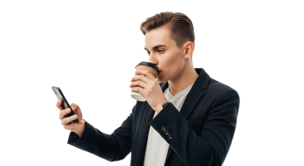 A man in a suit drinking coffee while looking at his phone against a black background in studio