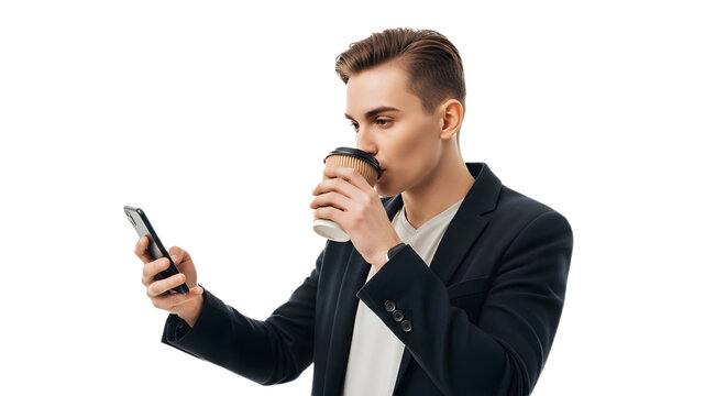 A man in a suit drinking coffee while looking at his phone against a black background in studio