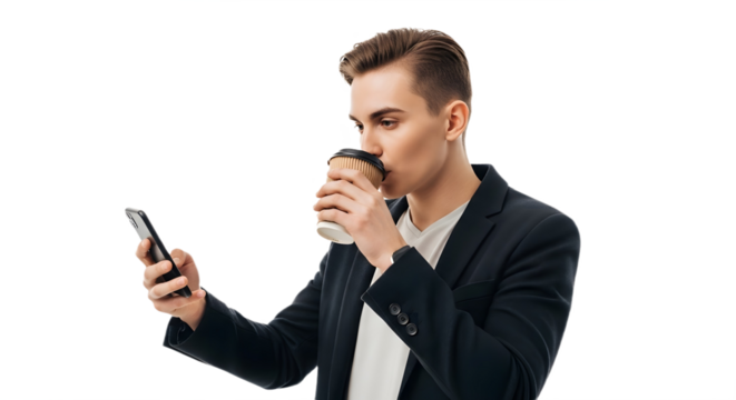 A man in a suit drinking coffee while looking at his phone against a black background in studio