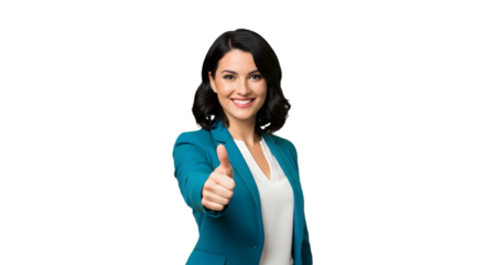 A woman in a blue blazer giving a thumbs up with a smile on a black background in a studio shot