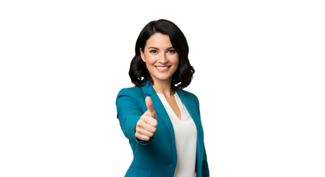 A woman in a blue blazer giving a thumbs up with a smile on a black background in a studio shot