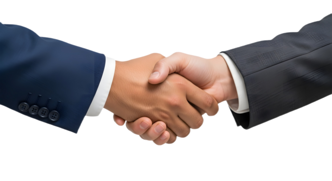A close up of two people shaking hands wearing suits on a black isolated background image view