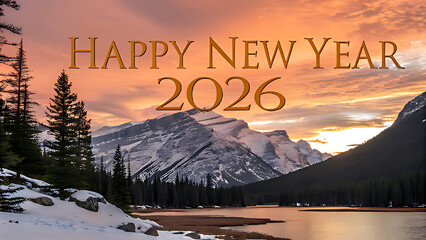 Happy new year 2026 greeting card featuring a serene winter landscape with snowcapped mountains, a tranquil lake, and a vibrant sunset sky