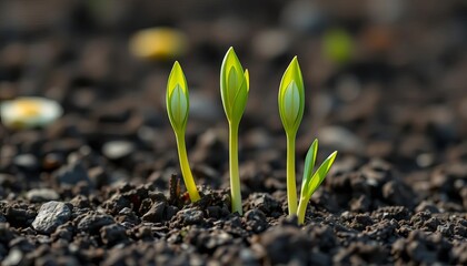 Three delicate green shoots sprout from rich soil, capturing spring's early growth and promise,  tranquil,  awakening