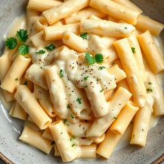 Perfectly cooked rigatoni pasta coated in a creamy, rich Alfredo sauce with a sprinkle of parsley,  cheesy,  Italy