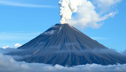Majestic volcano peak shrouded in mist with a plume of ash rising into the sky,  atmospheric,  mist