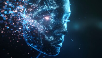 Obraz premium Futuristic Portrait: A mesmerizing digital rendering of a female face merges the organic with the technological, evoking a sense of artificial intelligence.