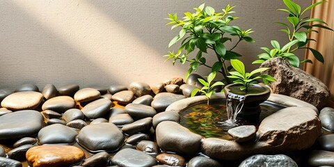 Zen-inspired indoor garden with smooth river stones, a vibrant green plant, and a small water fountain, promoting calm and balanced energy flow,  organized,  natural elements
