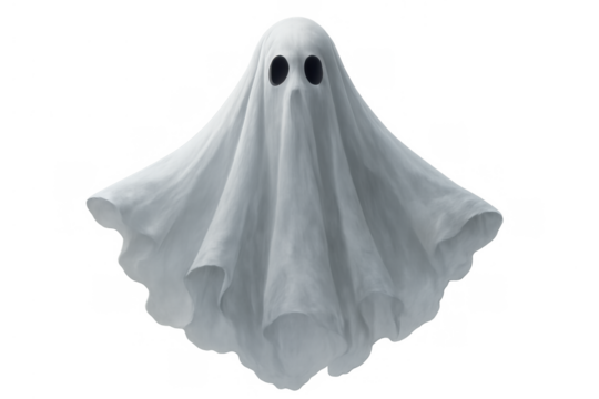 Ghost floating, white sheet costume with dark eyes, celebrating halloween, spooky spirit, supernatural apparition