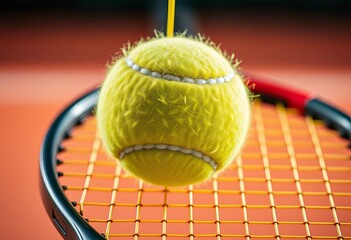 Macro view of tennis ball suspended above taut racket strings, highlighting fuzzy texture and intricate string tension Sport equipment detail,  racket strings,  readiness