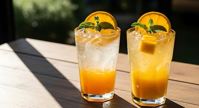 Refreshing Orange Juice with Mint Leaves and Ice Cubes on a Wooden Table. - Powered by Adobe
