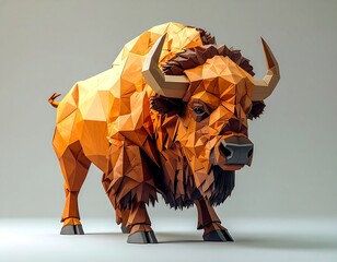 A 3D polygonal rendering of a bison, featuring geometric shapes and vibrant orange hues, set against a plain background