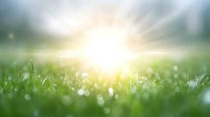 Obraz premium A stunning sunrise illuminating a dew-covered grass field, showcasing the beauty of nature and tranquility.