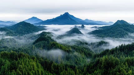Fototapeta premium A vast, misty landscape of rolling green mountains and pine forests, with a prominent peak in the distance.