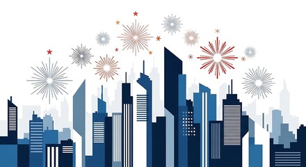 Celebrate city skyline with fireworks above buildings