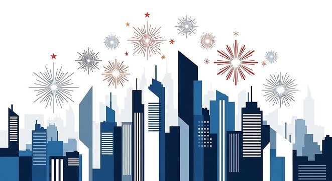 Celebrate city skyline with fireworks above buildings