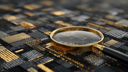 Magnifying glass over abstract circuit board, focus on detail
