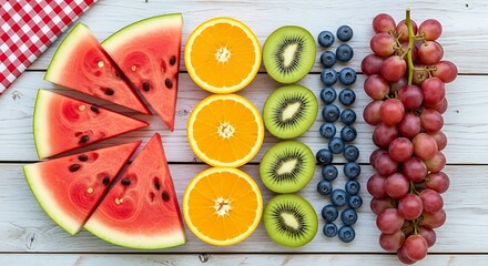 Colorful fruit arrangement on a wooden surface, healthy food.