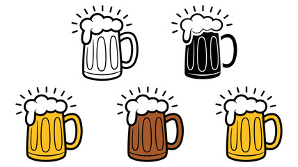 Collection of refreshing beer mugs, each brimming with frothy foam and sparkling lines, presented in various outline, solid black, yellow, and brown cartoon styles.