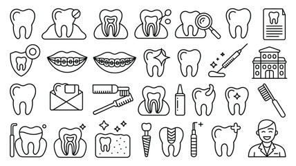 A collection of dental icons representing oral hygiene and dental care services.