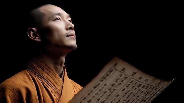 Tang Dynasty monk sincerely studies scriptures with firm eyes