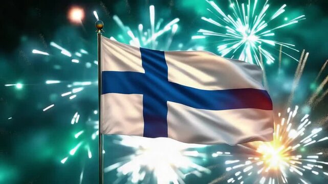 Finland flag waving with fireworks celebration 5.