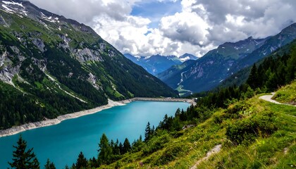 A breathtaking alpine landscape with a vibrant turquoise lake nestled among towering green mountains under a cloudy sky. A walking path winds along the bank