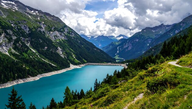 A breathtaking alpine landscape with a vibrant turquoise lake nestled among towering green mountains under a cloudy sky. A walking path winds along the bank
