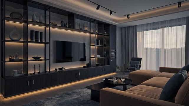 Luxurious contemporary living room featuring a custom built-in media wall with ambient LED strip lights and a cozy sectional sofa
