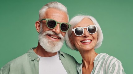A man and a woman are smiling and wearing sunglasses. The man is wearing a green shirt and the woman is wearing a white shirt
