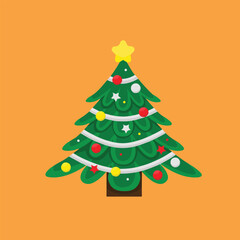 A festive vector illustration of a decorated Christmas tree with ornaments, garlands, and a star topper on a warm orange background. Bright, cheerful, and ideal for holiday cards, banners.