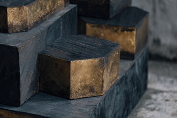 Geometric wood blocks dark, gold accents, textured surfaces