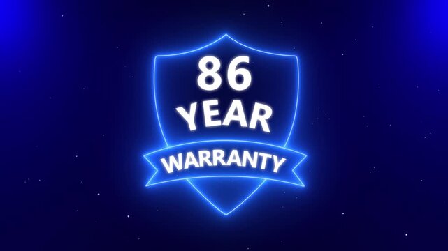 86 years warranty quality assurance with shield emblem stamp badges symbol of product guarantee animated. Neon Warranty shield Animation. Business guarantee animated. Support service icon,