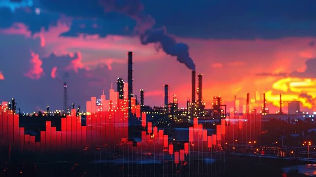 Industrial Decline Factory Silhouette with Economic Graph Overlay