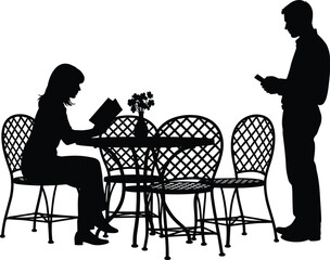 Silhouette vector of woman sitting at garden table reading book while man stands nearby using phone, isolated on white.