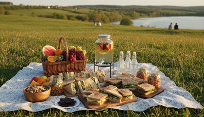Fototapeta premium A beautiful outdoor picnic spread with sandwiches, fruits, and drinks on a blanket in a sunny grassy field by a lake.