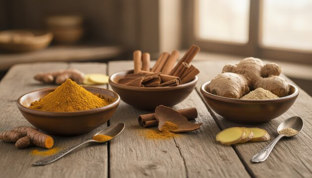 Three rustic bowls filled with vibrant turmeric powder, fresh ginger roots, and aromatic cinnamon sticks on a weathered wooden table, bathed in soft natural light.