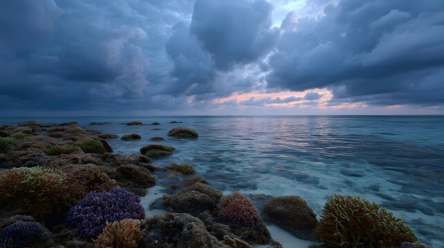 Dramatic twilight seascape with intricate coral reef formations and stormy skies