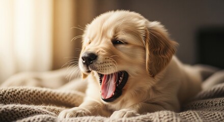 Fluffy Golden Retriever Puppy Yawning on Knitted Blanket