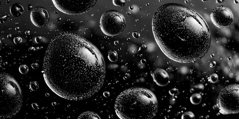 Shiny droplets gather on a sleek, dark surface in a macro view