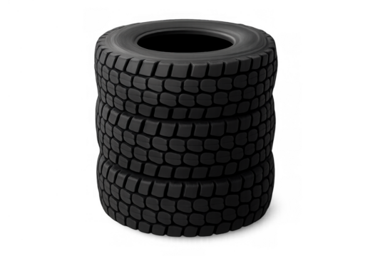 Stacked black rubber truck tires with deep tread pattern, symbolizing heavy-duty automotive industry transport service