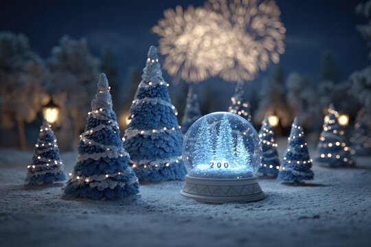 Winter scene snow globe, trees, string lights, soft night - Powered by Adobe