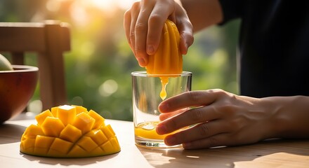 Extracting vibrant juice from fresh mangoes in sun-drenched setting