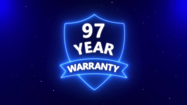 97 year warranty quality assurance with shield emblem stamp badges symbol of product guarantee animated. Neon Warranty shield Animation. Stamp, Imprint, Seal Template. Business guarantee