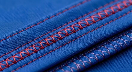 Blue fabric with contrasting red and pink decorative stitching detail close up view
