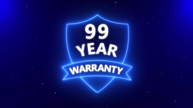 99 year warranty quality assurance with shield emblem stamp badges symbol of product guarantee animated. Neon Warranty shield Animation. Stamp, Imprint, Seal Template. Business guarantee