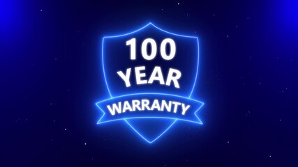 100 Year warranty. Support service icon. Neon line 100 Years Warranty Shield Emblem. Assurance Business Guarantee Security Protection Concept. 100 years warranty label badge design animation.