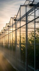 Obraz premium Rows of green plants growing inside a long greenhouse structure reflecting sunlight