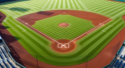Aerial view of a meticulously manicured baseball field with vibrant green grass and red clay base paths