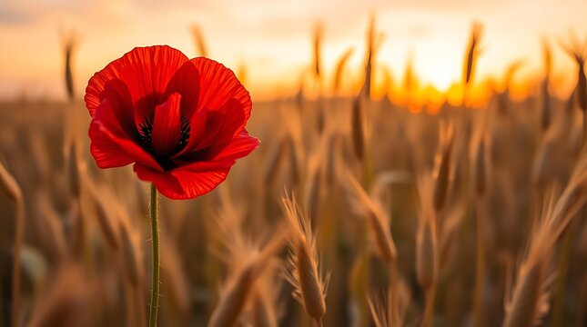 A red poppy in a wheat field at golden sunset hour - Powered by Adobe